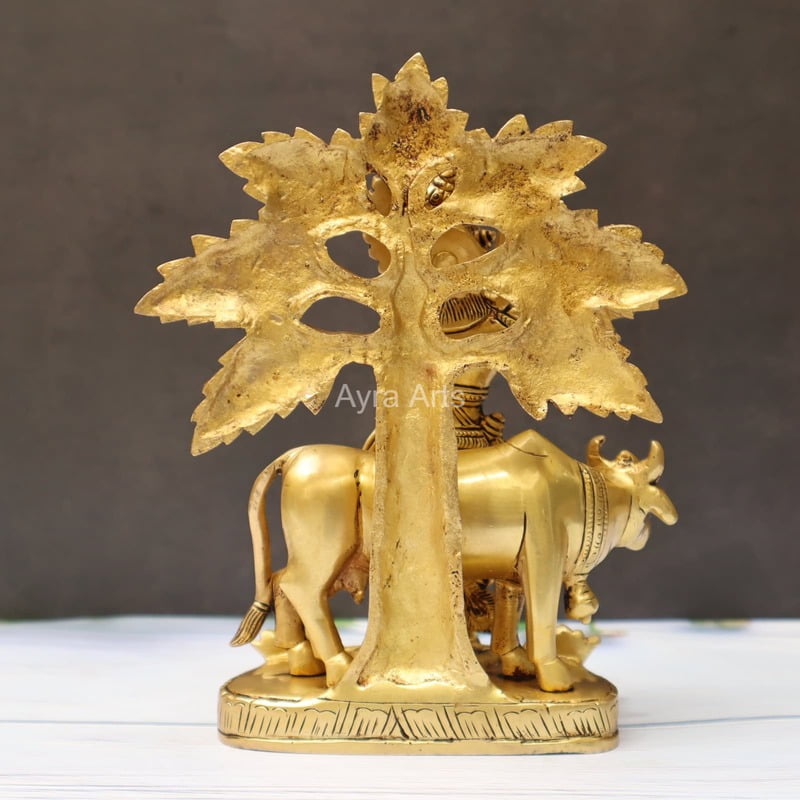Brass Cow Krishna With Tree 9 Inch Height