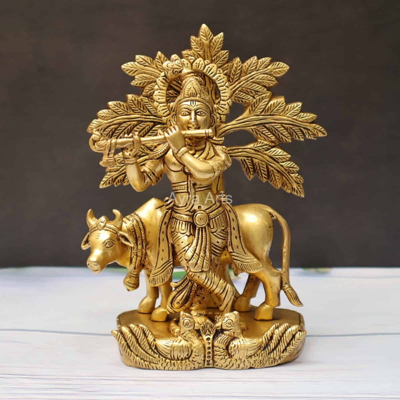 Brass Cow Krishna With Tree 9 Inch Height