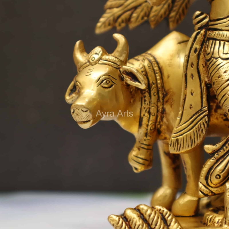 Brass Cow Krishna With Tree 9 Inch Height