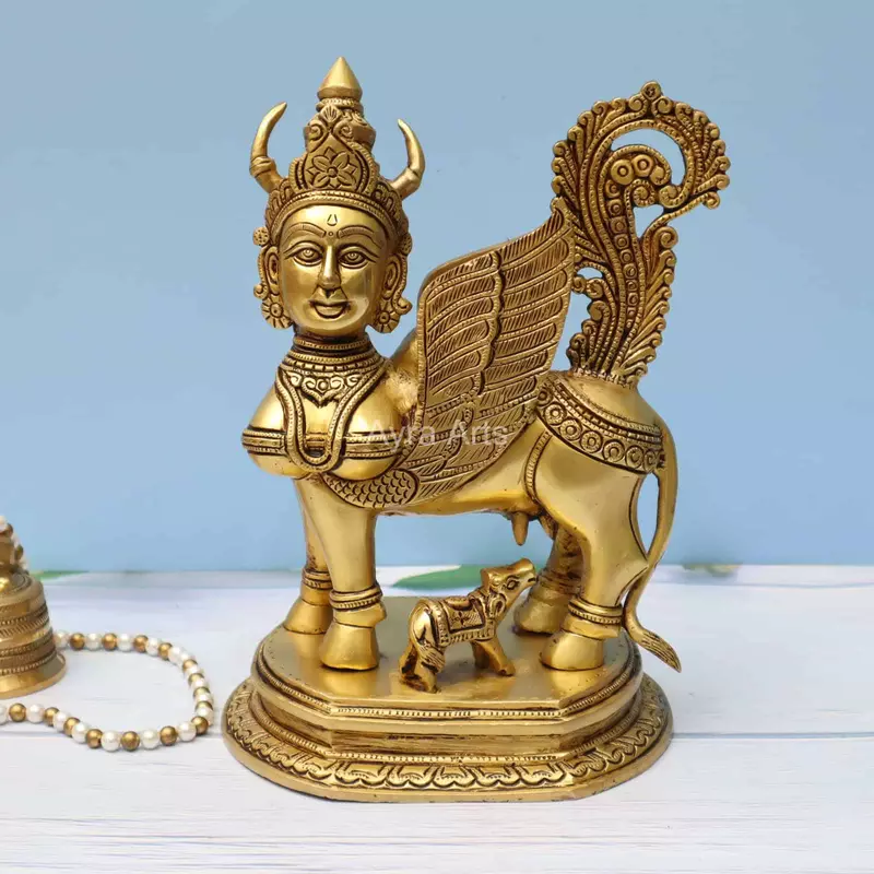 Brass Kamadhenu The Wish-Fulfilling Cow Idol Surabhi Statue for Home Decor Vastu Feng Shui Good Luck Marriage Couple Gift Height - 10 Inch Height
