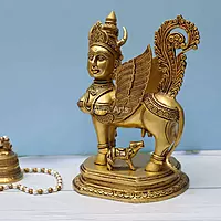 Brass Kamadhenu The Wish-Fulfilling Cow Idol Surabhi Statue for Home Decor Vastu Feng Shui Good Luck Marriage Couple Gift Height - 10 Inch Height