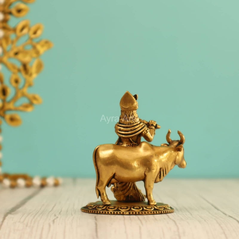 Premium Light Weight Brass Cow Krishna Idol - 3 Inch Height