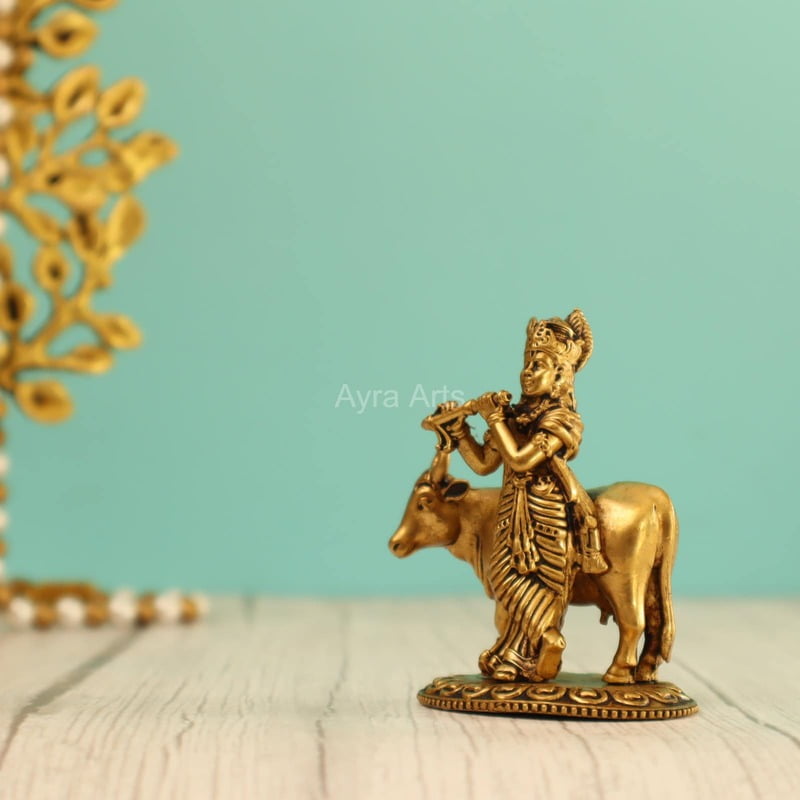 Premium Light Weight Brass Cow Krishna Idol - 3 Inch Height