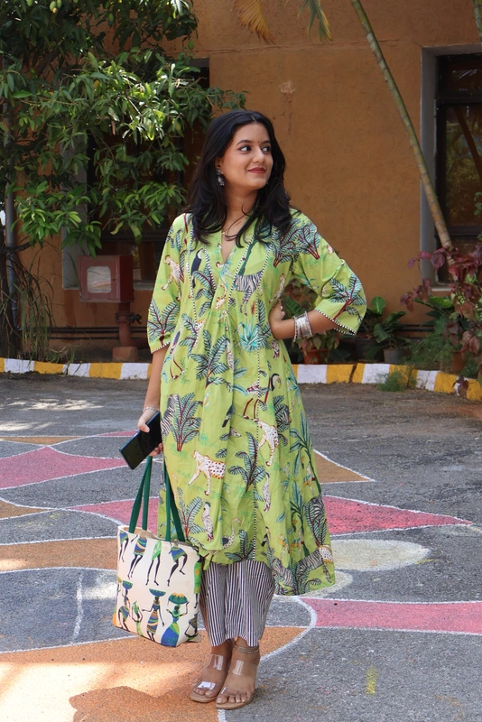 Zeenat's Everyday Flare Top + Pant Set - Light Green Jungle