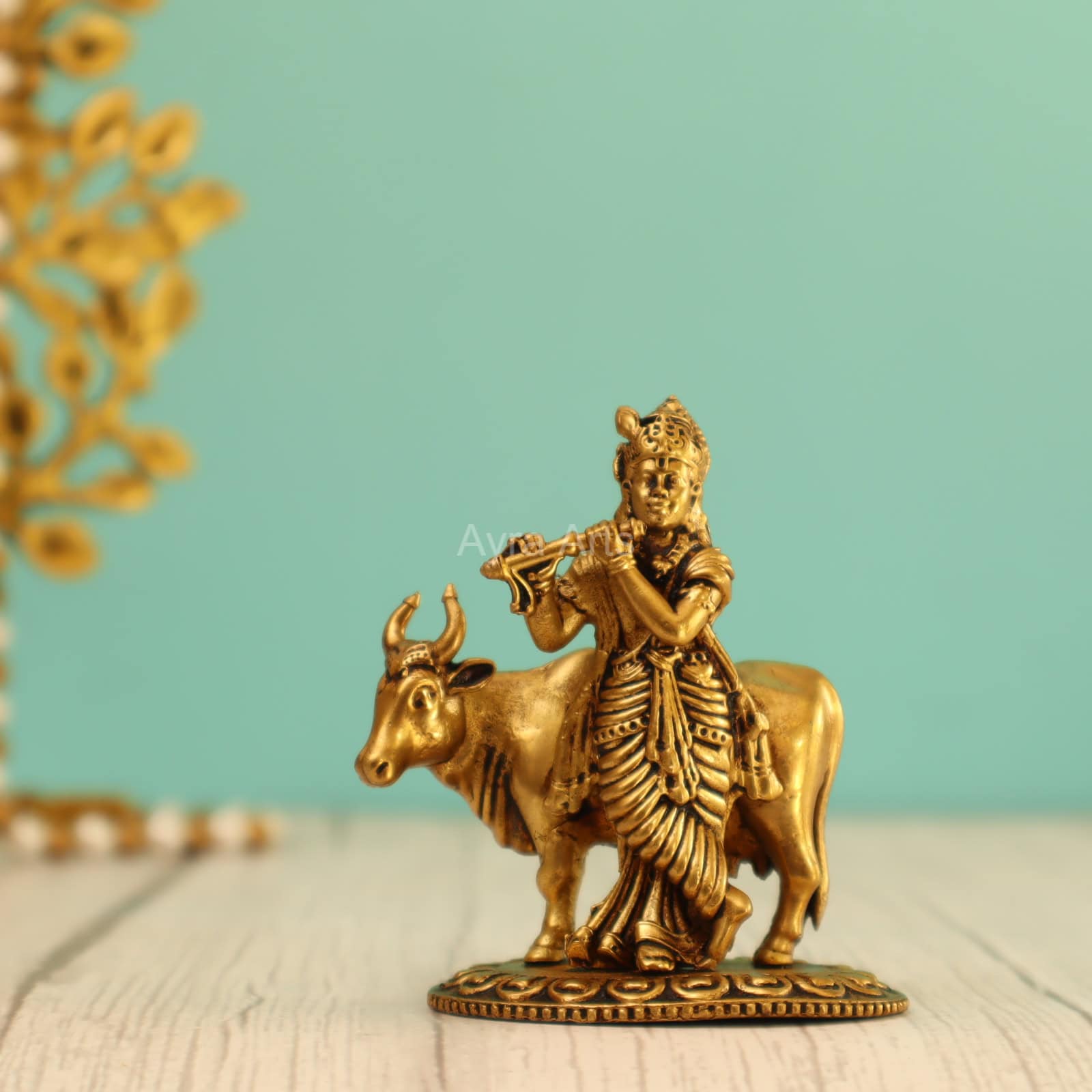 Premium Light Weight Brass Cow Krishna Idol - 3 Inch Height