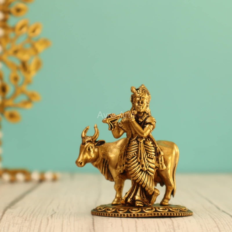 Premium Light Weight Brass Cow Krishna Idol - 3 Inch Height