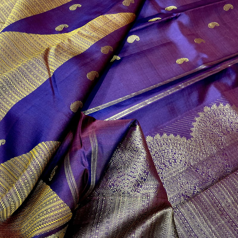 Blackcurrant Violet Kanchipuram with Honeycomb Yellow