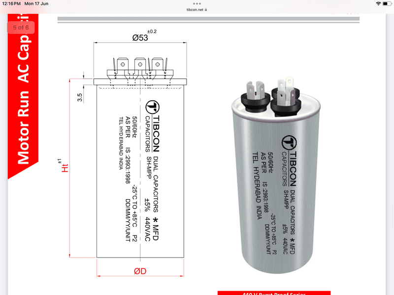 Tibcon 55+6 MFD Capacitor for Air Conditioner (PIN Type)