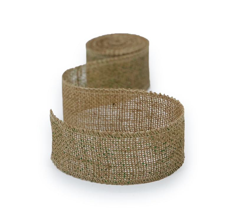 Natural Burlap Ribbon with Green Dots