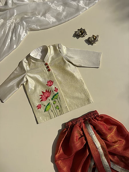 Mahogany Tissue Silk Lotus Handpainted Dhoti Silk Set