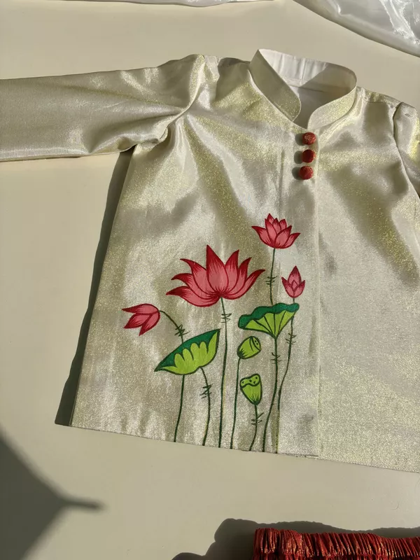 Mahogany Tissue Silk Lotus Handpainted Dhoti Silk Set