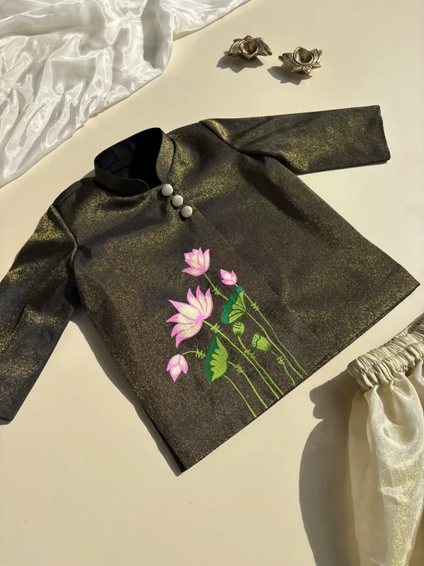 Sunshine Bloom Lotus Handpainted Dhoti Silk Set