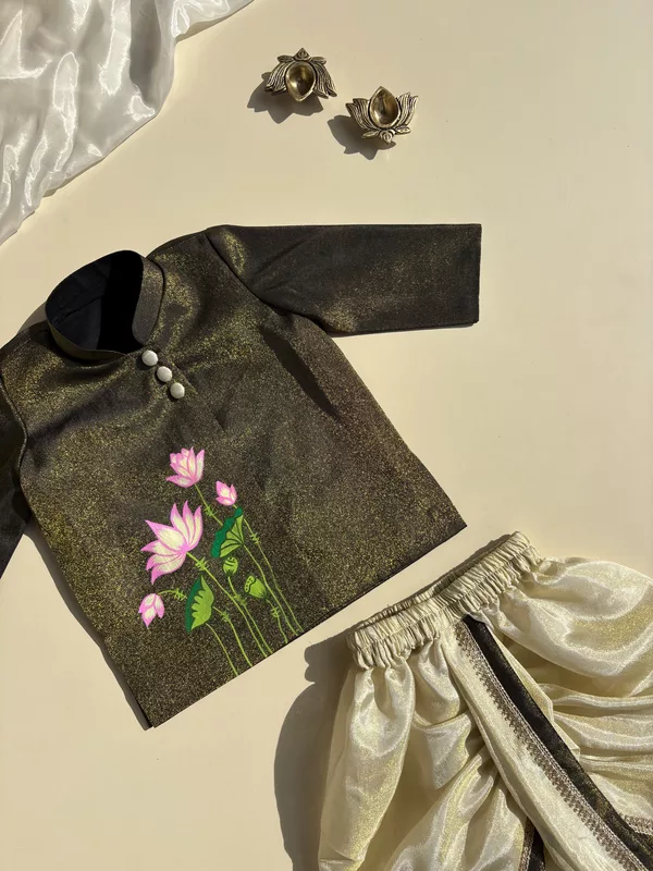 Sunshine Bloom Lotus Handpainted Dhoti Silk Set