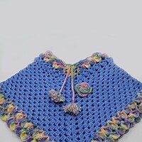 (1-2 Years) Handknitted Kids Woolen Poncho, Blue with Multicolour Floral Trim