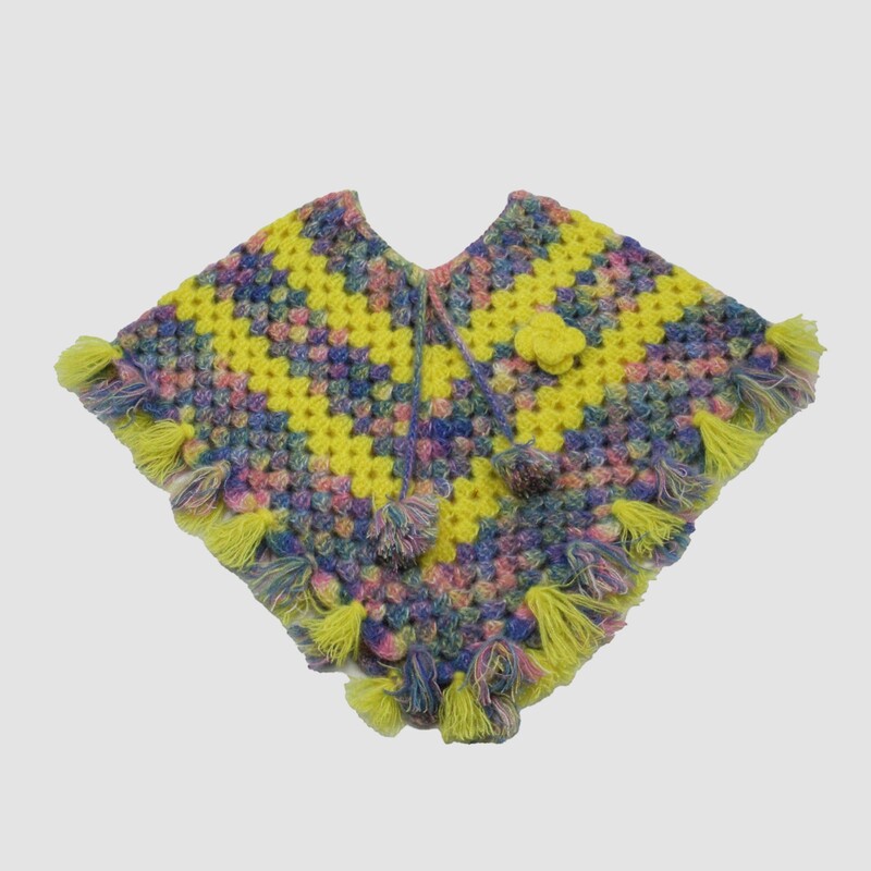 (1-2 Years) Kids Handknitted Woolen Poncho, Yellow and Blue Pattern with Tassels