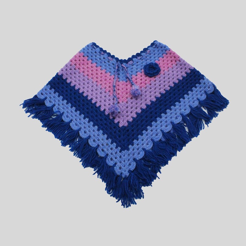 (2-3 Years) Kids Handknitted Woolen Poncho, Navy Blue and Pink