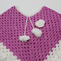(1-2 Years) Kids Handknitted Pink and White Woolen Poncho with Pom Poms