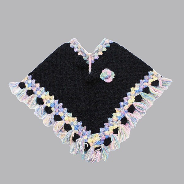 (1-2 Years) Kids Black Handknitted Woolen Poncho with Fringe Trim
