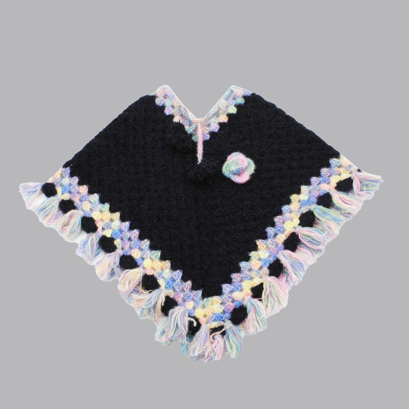 (1-2 Years) Kids Black Handknitted Woolen Poncho with Fringe Trim