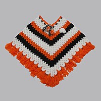 (3-4 Years) Kids Handknitted Woolen Poncho with Cap, Orange White & Black Striped Pattern