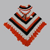 (3-4 Years) Kids Handknitted Woolen Poncho with Cap, Orange White & Black Striped Pattern