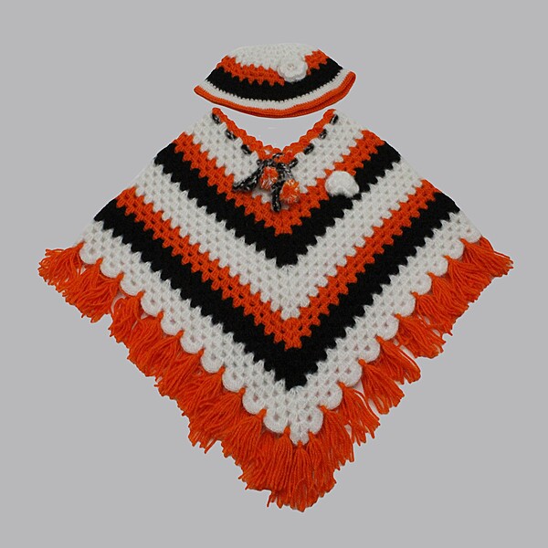 (3-4 Years) Kids Handknitted Woolen Poncho with Cap, Orange White & Black Striped Pattern