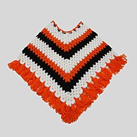 (3-4 Years) Kids Handknitted Woolen Poncho with Cap, Orange White & Black Striped Pattern