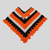 (3-4 Years) Kids Handknitted Woolen Poncho with Cap, Orange Black and White Striped