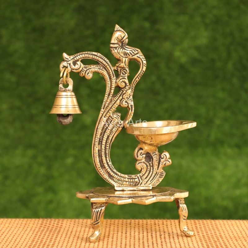 Brass Parrot Stand Diya with Bell - 8.2 inch Height | Artistic Enlightenment