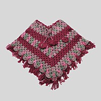 (1-2 Years) Handknitted Kids Winter Poncho, Burgundy Multi-Color