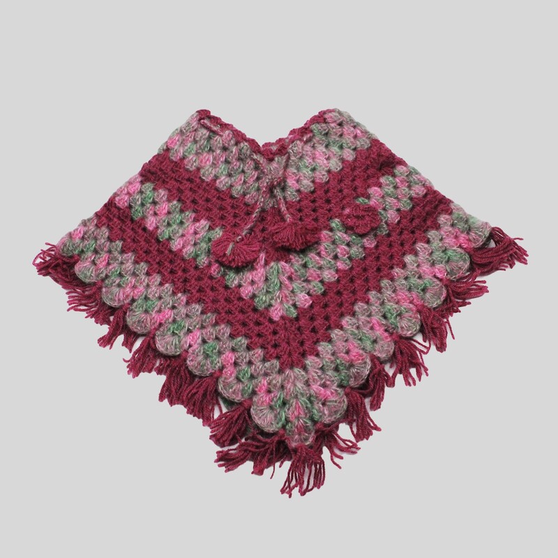 (1-2 Years) Handknitted Kids Winter Poncho, Burgundy Multi-Color