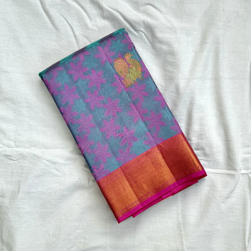 Deep Water Blue Kanchipuram with Rouge Red