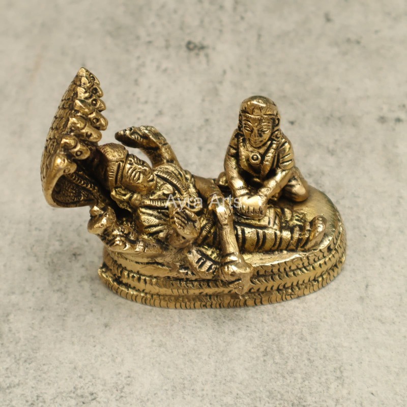 Sacred Brass Vishnu and Lakshmi on Sheshnag for Devotion - 3 inch Height
