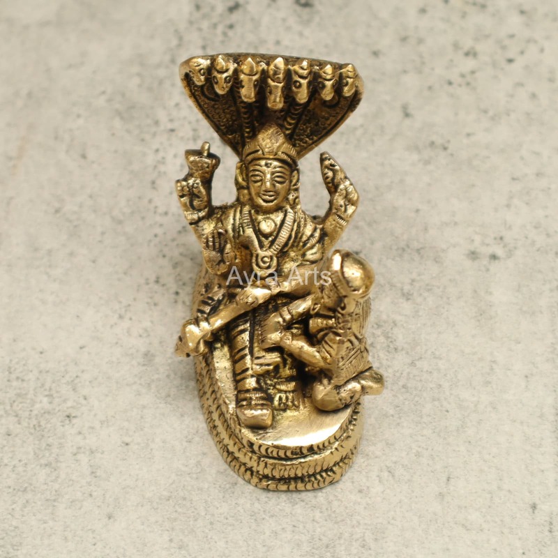 Sacred Brass Vishnu and Lakshmi on Sheshnag for Devotion - 3 inch Height