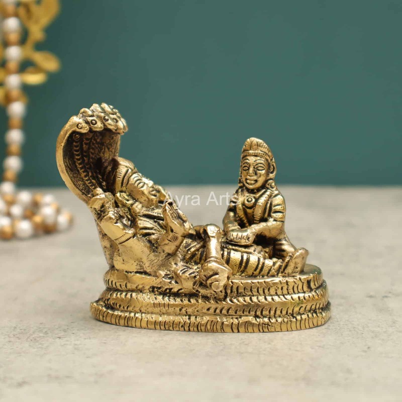 Sacred Brass Vishnu and Lakshmi on Sheshnag for Devotion - 3 inch Height