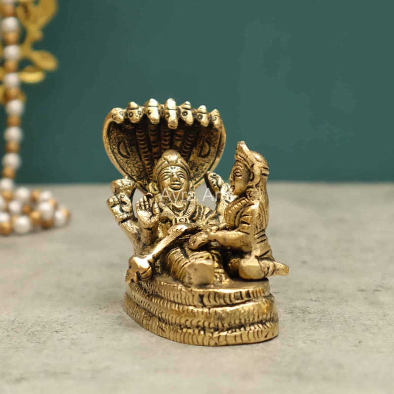 Sacred Brass Vishnu and Lakshmi on Sheshnag for Devotion - 3 inch Height