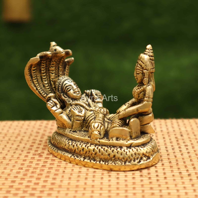 Sacred Brass Vishnu and Lakshmi on Sheshnag for Devotion - 2.5 inch Height