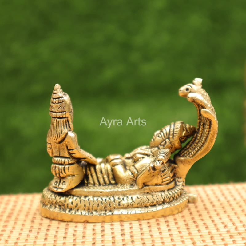 Sacred Brass Vishnu and Lakshmi on Sheshnag for Devotion - 2.5 inch Height