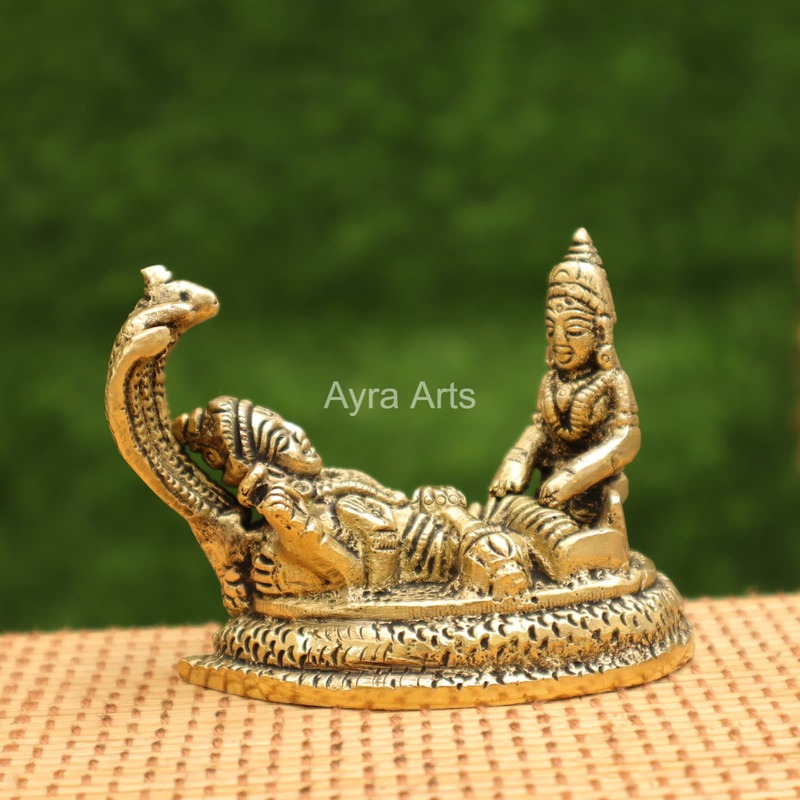 Sacred Brass Vishnu and Lakshmi on Sheshnag for Devotion - 2.5 inch Height