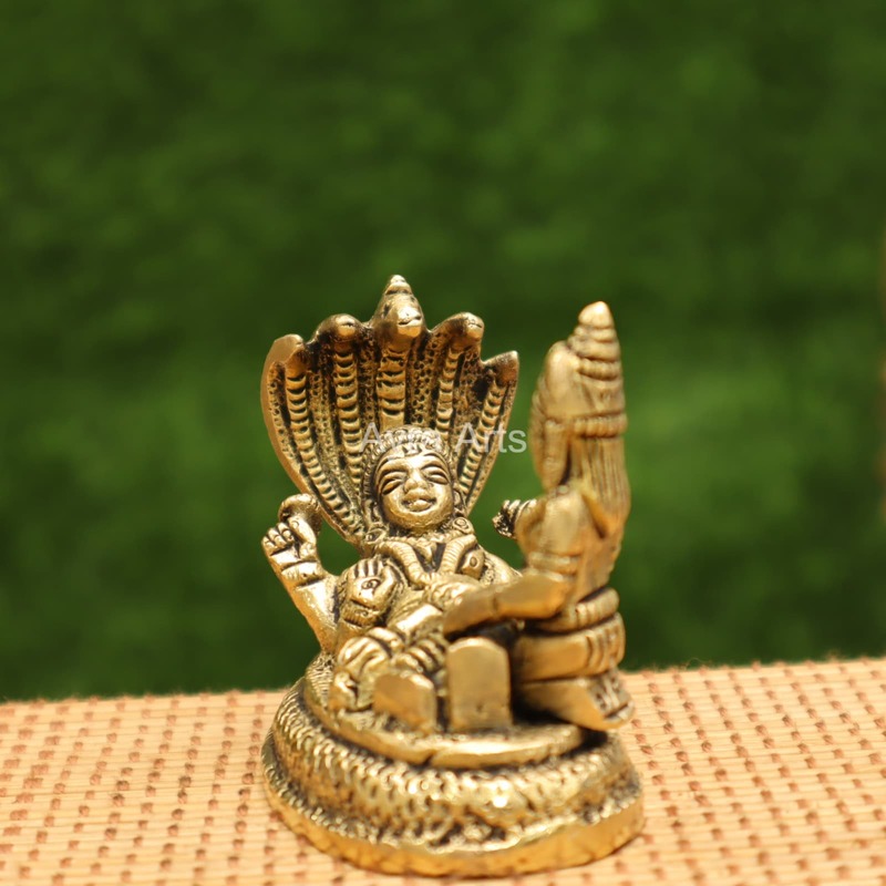 Sacred Brass Vishnu and Lakshmi on Sheshnag for Devotion - 2.5 inch Height