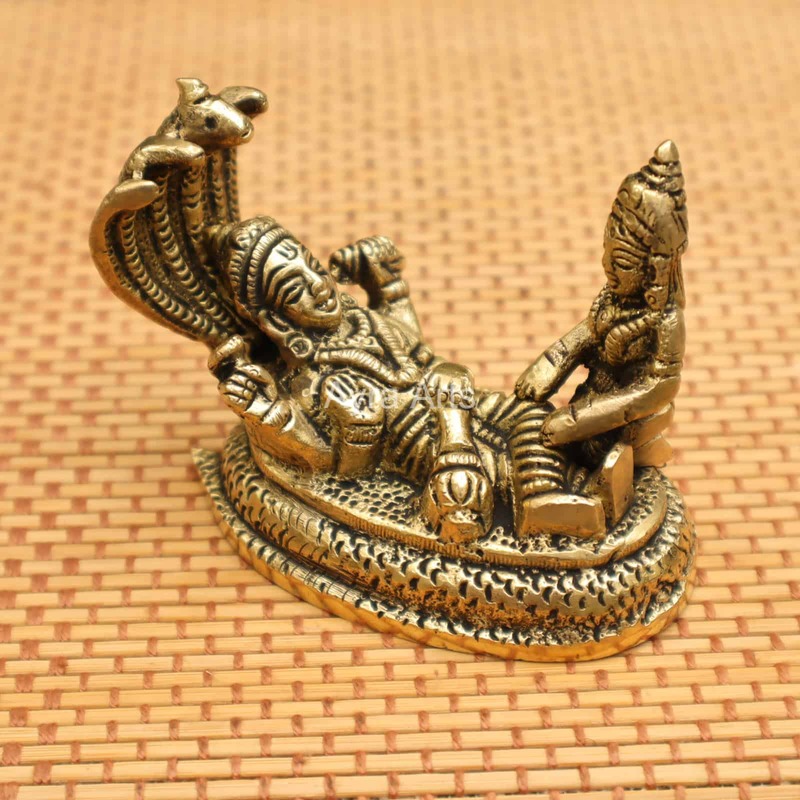 Sacred Brass Vishnu and Lakshmi on Sheshnag for Devotion - 2.5 inch Height