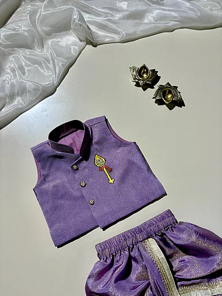 Purple Vel Handpainted Sleeveless Tissue Silk Dhoti Set