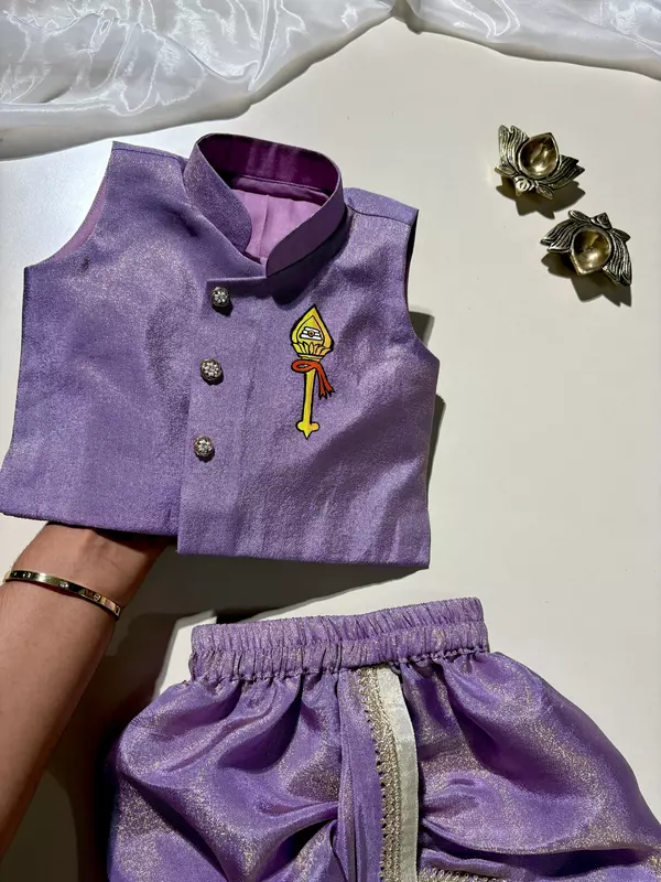 Purple Vel Handpainted Sleeveless Tissue Silk Dhoti Set