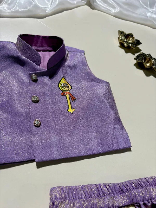 Purple Vel Handpainted Sleeveless Tissue Silk Dhoti Set