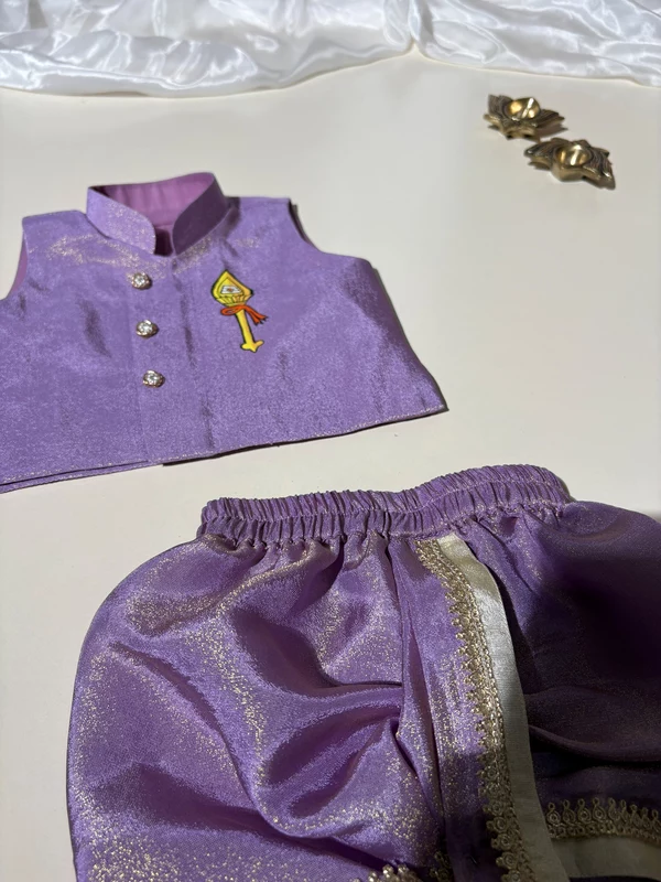 Purple Vel Handpainted Sleeveless Tissue Silk Dhoti Set