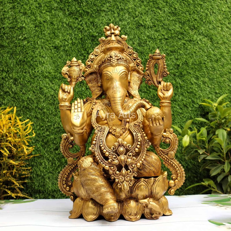 Golden Antique Load Ganesh Idol Sitting on Lotus Kamal Ganesha Statue - 21 inch Height