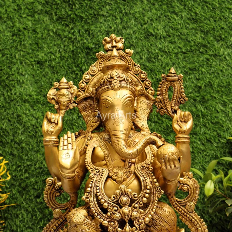Golden Antique Load Ganesh Idol Sitting on Lotus Kamal Ganesha Statue - 21 inch Height