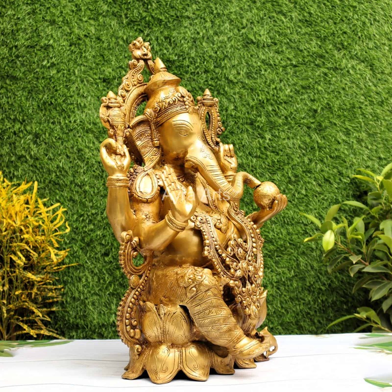Golden Antique Load Ganesh Idol Sitting on Lotus Kamal Ganesha Statue - 21 inch Height