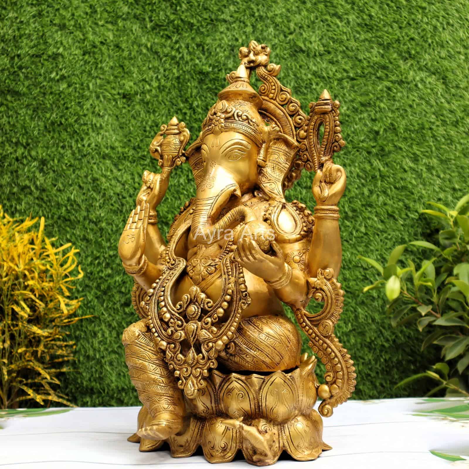 Golden Antique Load Ganesh Idol Sitting on Lotus Kamal Ganesha Statue - 21 inch Height