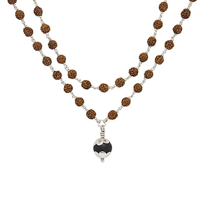 silver tied Ruduracha Mala with Karungali Pendant silver tied Ruduracha Mala with Karungali Pendant